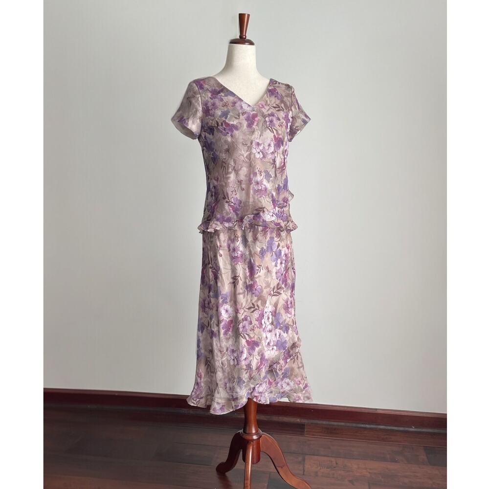 90s VTG Fairy Grunge 2-pc Floral Maxi Skirt Set 8P Purple Whimsigoth Ruffle Trim